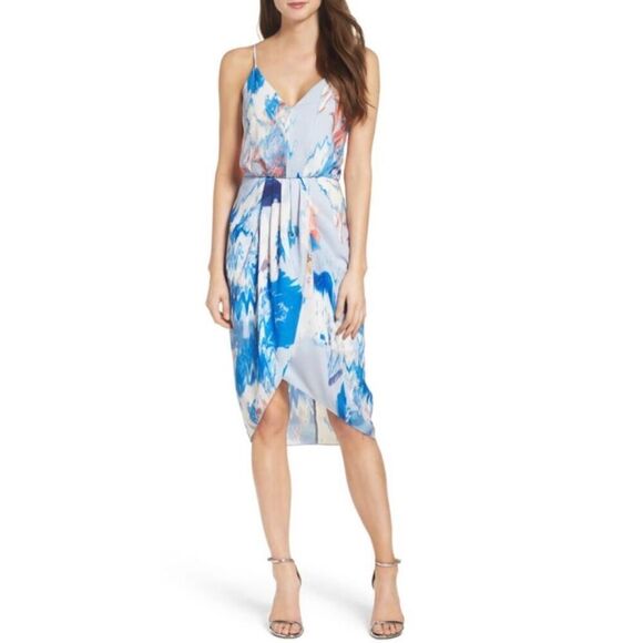 Womens Chelsea28 Spaghetti Strap FX Wrap Blue Watercolor Floral Print Dress Sz 2 - Picture 1 of 6